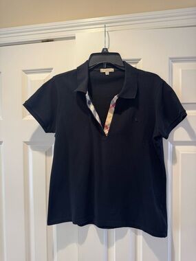 Burberry Black Short-Sleeve Polo Top with Signature Plaid Trim